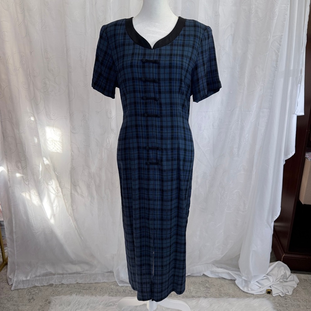 Dawn Joy II Vintage Plaid Midi Dress Blue Black Frog Closure Petite 12P USA Made